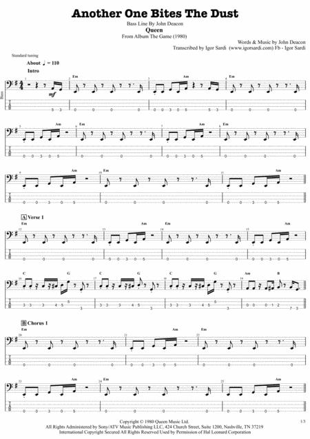 Queen Another One Bites The Dust Complete And Accurate Bass Transcription Whit Tab Sheet Music