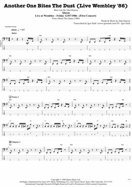 Queen Another One Bites The Dust Live At Wembley 86 Complete And Accurate Bass Transcription Whit Tab Sheet Music