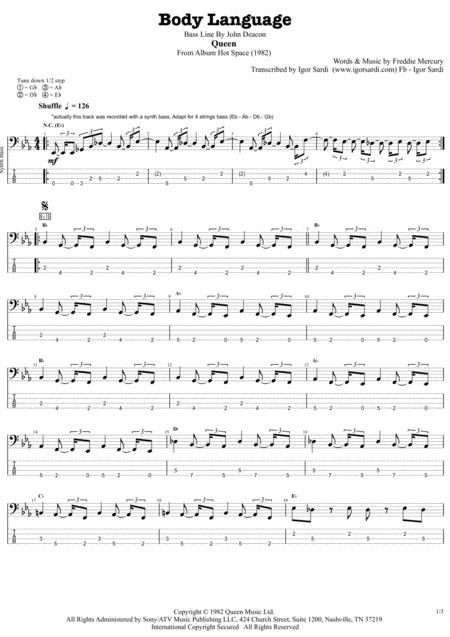 Free Sheet Music Queen Body Language Accurate Bass Transcription Whit Tab