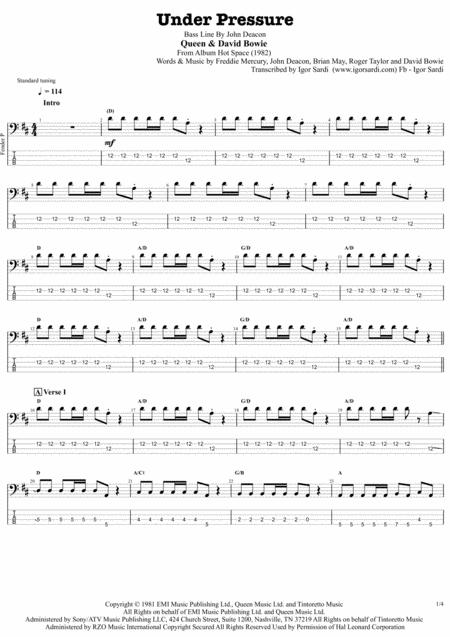 Queen David Bowie Under Pressure Complete And Accurate Bass Transcription Whit Tab Sheet Music