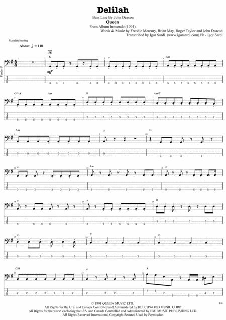 Queen Delilah Complete And Accurate Bass Transcription Whit Tab Sheet Music