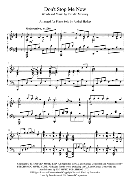Free Sheet Music Queen Dont Stop Me Now Arranged For Advanced Solo Piano