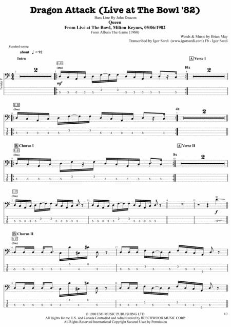 Queen Dragon Attack Live At The Bowl 82 Complete And Accurate Bass Transcription Whit Tab And Solo Sheet Music