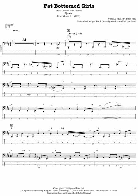 Free Sheet Music Queen Fat Bottomed Girls Complete And Accurate Bass Transcription Whit Tab