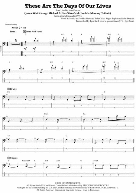 Queen George Michael Lisa Stansfield These Are The Days Of Our Lives Freddie Mercury Tribute Complete And Accurate Bass Transcription Whit Tab Sheet Music