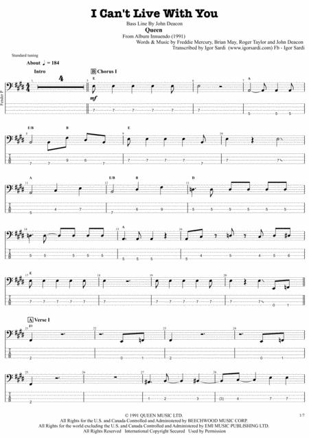 Queen I Cant Live Without You Complete And Accurate Bass Transcription Whit Tab Sheet Music