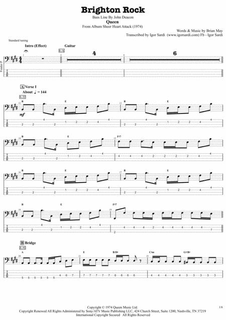 Queen John Deacon Brighton Rock Complete And Accurate Bass Transcription Whit Tab Sheet Music