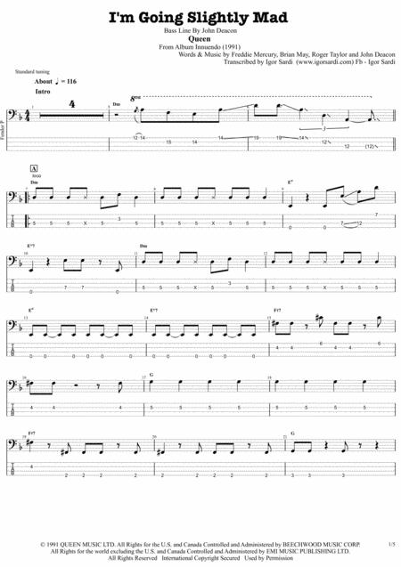 Free Sheet Music Queen John Deacon I M Going Slightly Mad Complete And Accurate Bass Transcription Whit Tab