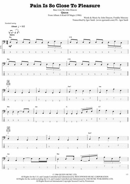 Queen John Deacon Pain Is So Close To Pleasure Complete And Accurate Bass Transcription Whit Tab Sheet Music