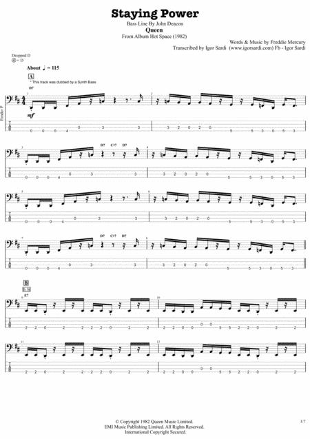 Queen John Deacon Staying Power Complete And Accurate Bass Transcription Whit Tab Sheet Music