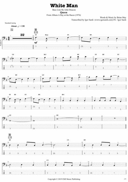 Queen John Deacon White Man Complete And Accurate Bass Transcription Whit Tab Sheet Music