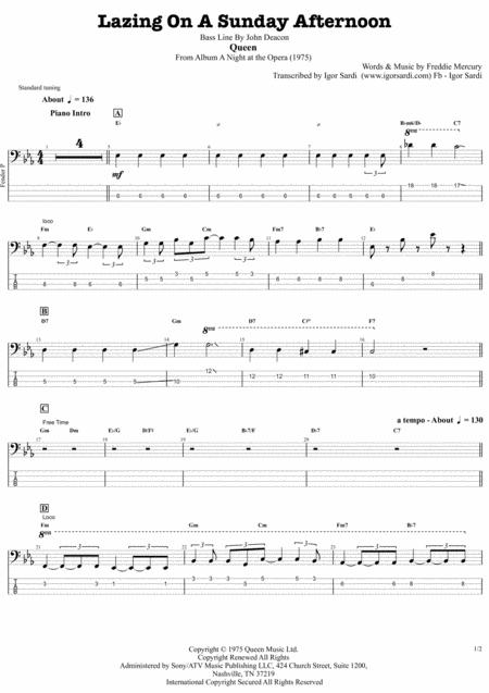 Free Sheet Music Queen Lazing On A Sunday Afternoon Accurate Bass Transcription Whit Tab