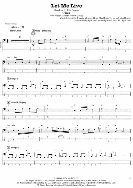 Free Sheet Music Queen Let Me Live Accurate Bass Transcription Whit Tab