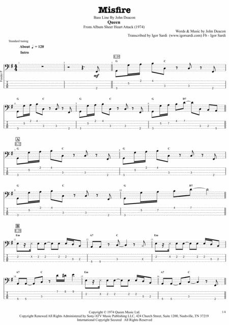 Queen Misfire Complete And Accurate Bass Transcription Whit Tab Sheet Music