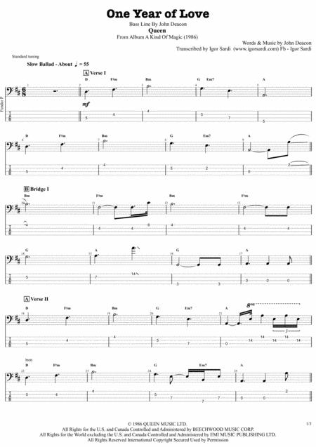 Free Sheet Music Queen One Year Of Love Accurate Bass Transcription Whit Tab