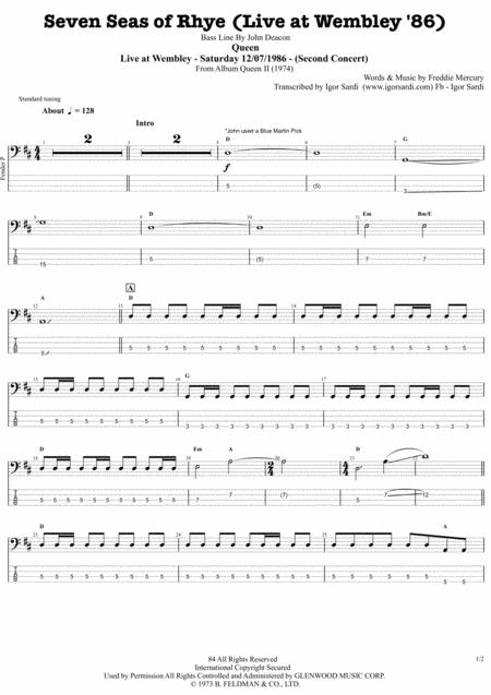 Free Sheet Music Queen Seven Seas Of Rhye Live At Wembley 86 Accurate Bass Transcription Whit Tab