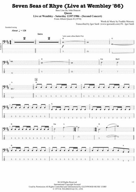 Queen Seven Seas Of Rhye Live At Wembley 86 Accurate Bass Transcription Whit Tab Sheet Music