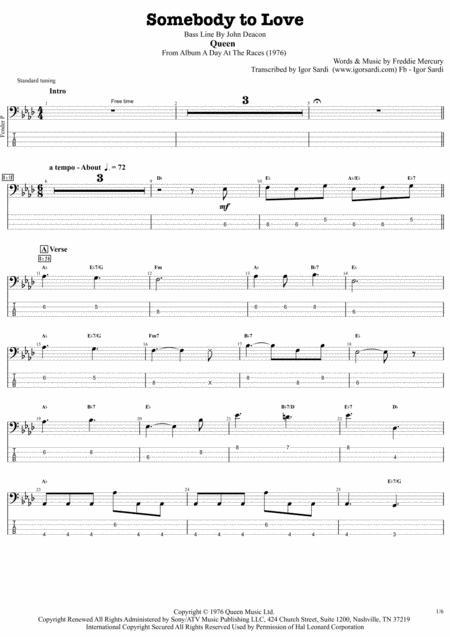 Queen Somebody To Love Accurate Bass Transcription Whit Tab Sheet Music