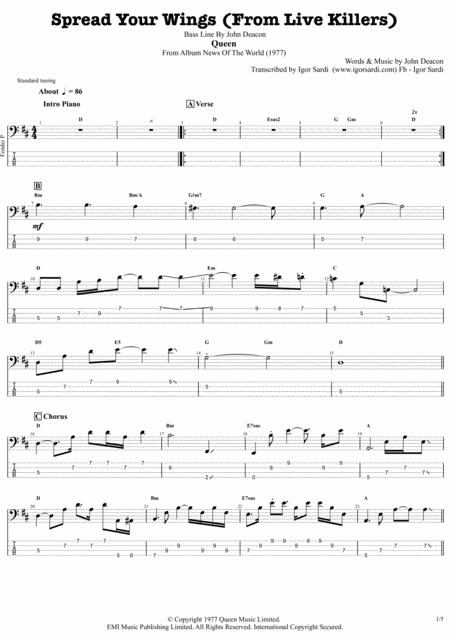 Queen Spread Your Wings Live Killers Accurate Bass Transcription Whit Tab Sheet Music