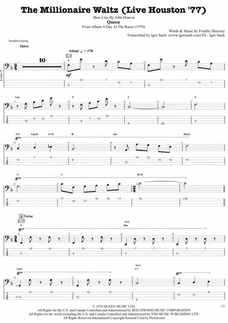Free Sheet Music Queen The Millionaire Waltz Live Houston 77 Complete And Accurate Bass Transcription Whit Tab