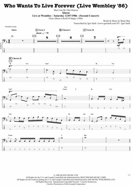 Queen Who Wants To Live Forever Live At Wembley 86 Complete And Accurate Bass Transcription Whit Tab Sheet Music