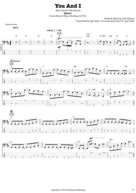 Queen You And I Complete And Accurate Bass Transcription Whit Tab Sheet Music