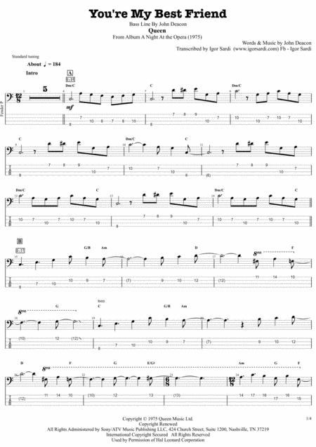 Queen You Re My Best Friend Complete And Accurate Bass Transcription Whit Tab Sheet Music