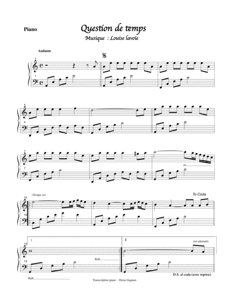 Free Sheet Music Question De Temps Piano Solo Dtaill