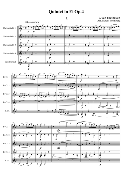 Quintet In Eb Op 4 Mvmt 1 Beethoven Clarinet Quintet Sheet Music