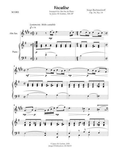 Free Sheet Music Rachmaninoff Vocalise For Alto Sax Piano