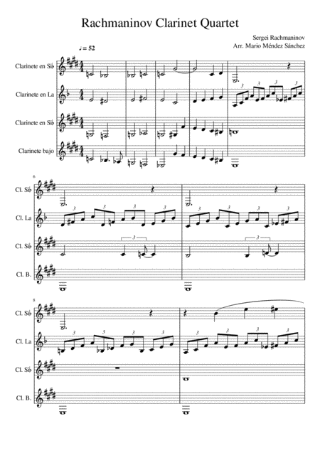 Rachmaninov Piano Concerto No 2 Arragement Of 2nd Movement For Clarinet Quartet Sheet Music