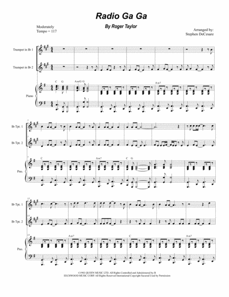 Free Sheet Music Radio Ga Ga Duet For Bb Trumpet