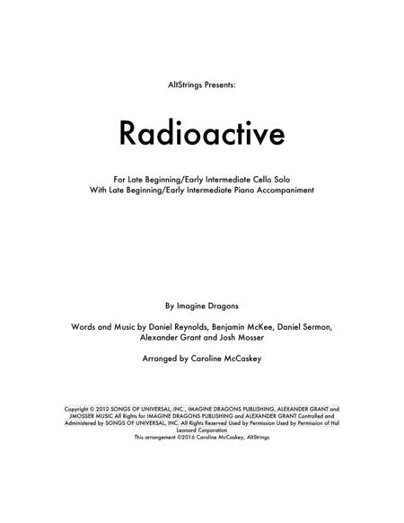 Radioactive Cello Solo Piano Accompaniment Sheet Music