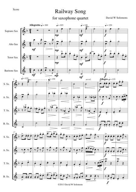 Free Sheet Music Railway Song Auf De Schwb Sche Eisebahne For Saxophone Quartet