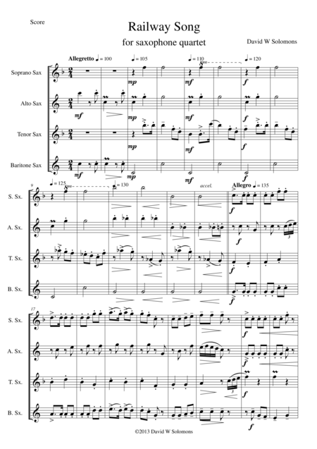 Railway Song Auf De Schwb Sche Eisebahne For Saxophone Quartet Sheet Music