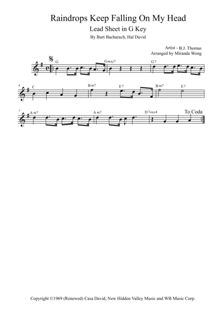 Raindrops Keep Fallin On My Head Lead Sheet In G Key With Chords Sheet Music