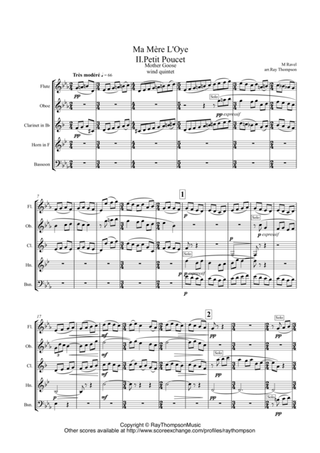 Free Sheet Music Ravel Ma Mre L Oye Mother Goose Suite Mvt Ii Petite Poucet Tom Thumb Arr Wind Quintet