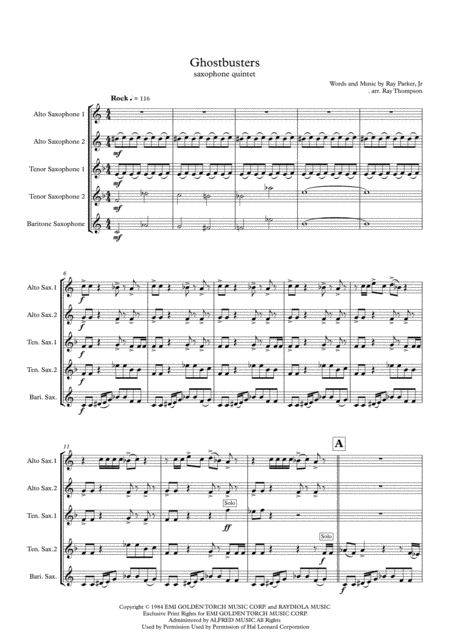 Free Sheet Music Ray Parker Jnr Ghostbusters Saxophone Quintet