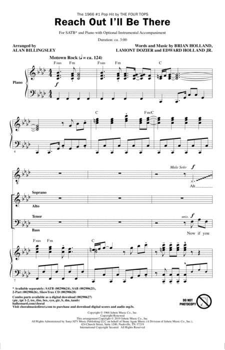 Free Sheet Music Reach Out I Will Be There Arr Alan Billingsley