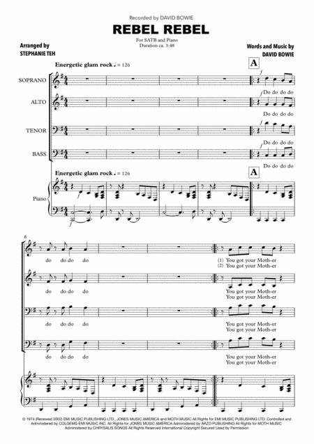 Free Sheet Music Rebel Rebel David Bowie Satb Choir Arr Stephanie Teh