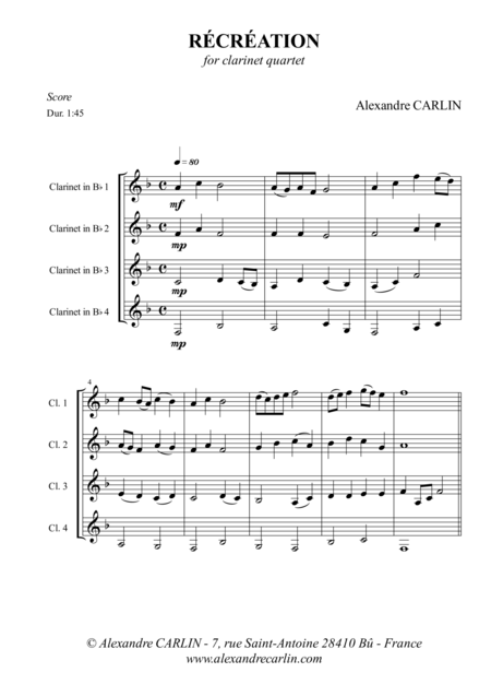 Recreation For Clarinet Quartet Score Parts Sheet Music