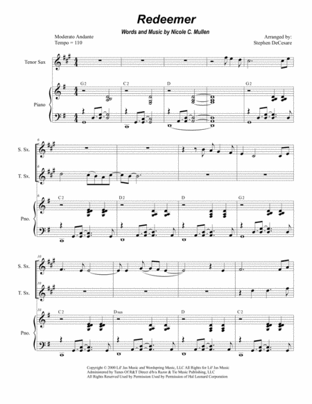 Redeemer Duet For Soprano And Tenor Saxophone Sheet Music