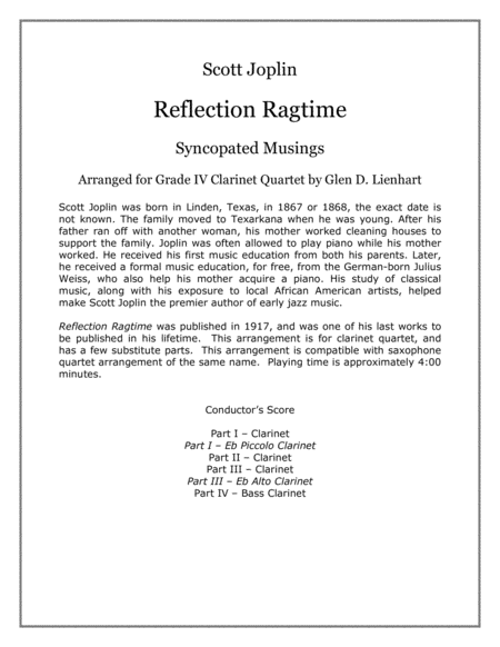 Reflection Ragtime Clarinets Sheet Music