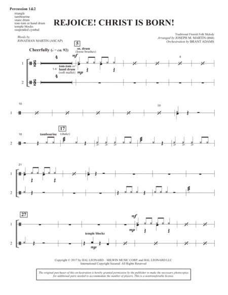 Free Sheet Music Rejoice Christ Is Born Percussion 1 2