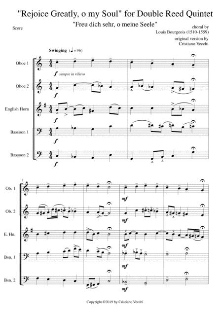 Rejoice Greatly O My Soul For Double Reed Quintet Sheet Music