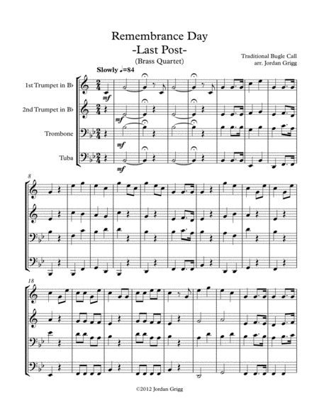 Remembrance Day Last Post Brass Quartet Sheet Music