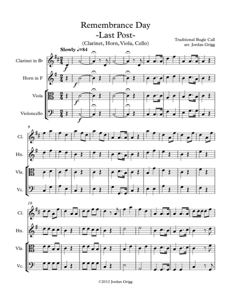 Remembrance Day Last Post Clarinet Horn Viola Cello Sheet Music