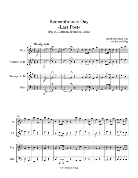 Free Sheet Music Remembrance Day Last Post Flute Clarinet Trumpet Tuba