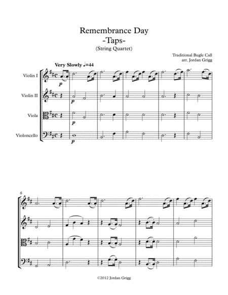 Remembrance Day Taps String Quartet Sheet Music