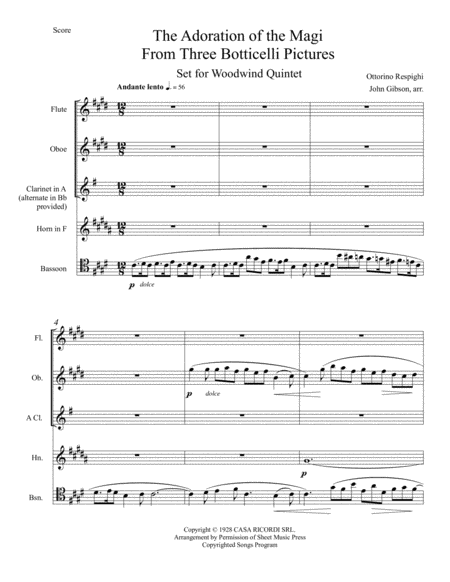 Free Sheet Music Respighi Adoration Of The Magi Set For Woodwind Quintet